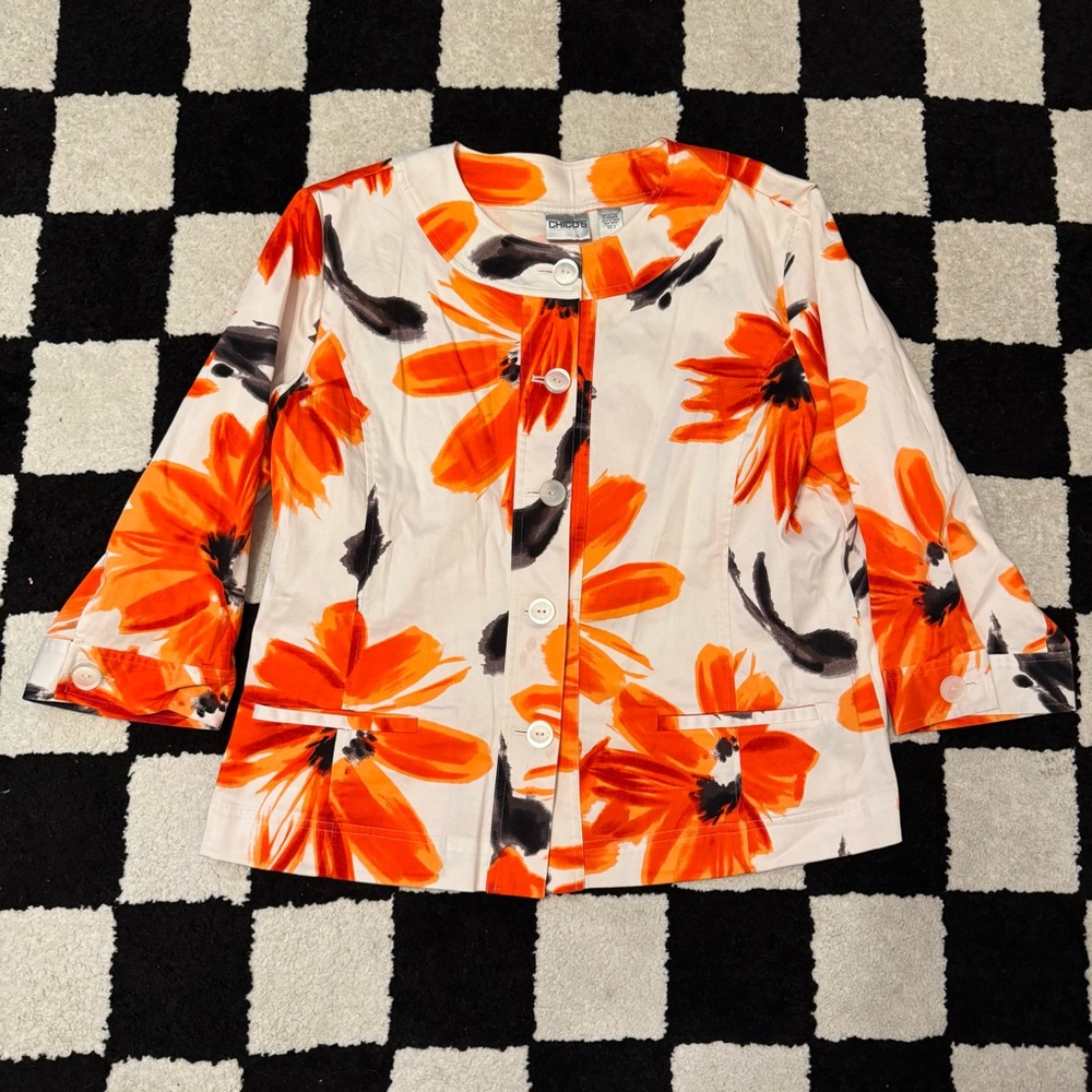 Chico’s Women’s 5 Button Blazer Jacket Orange Flower 3/4 Sleeve Size 2